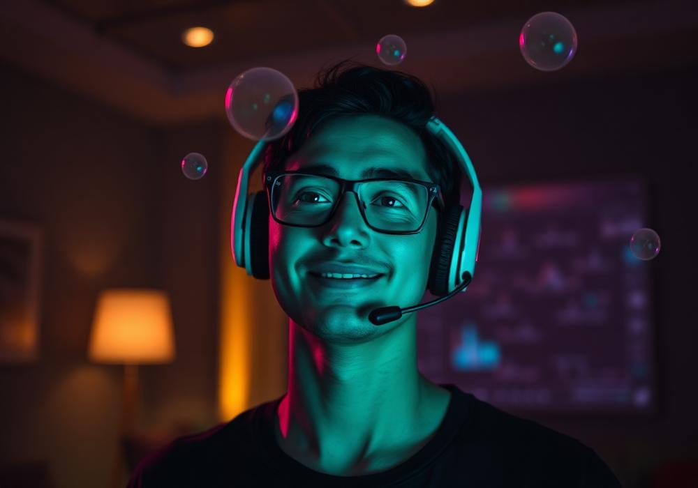 Atendente humano com headset e balões de conversa