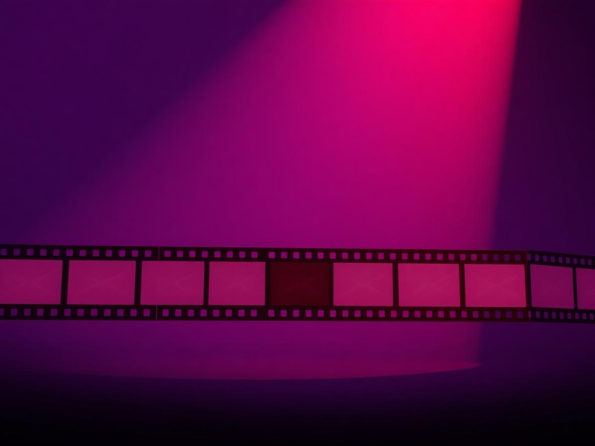 Sequência de frames em filmstrip iluminada por spot magenta
