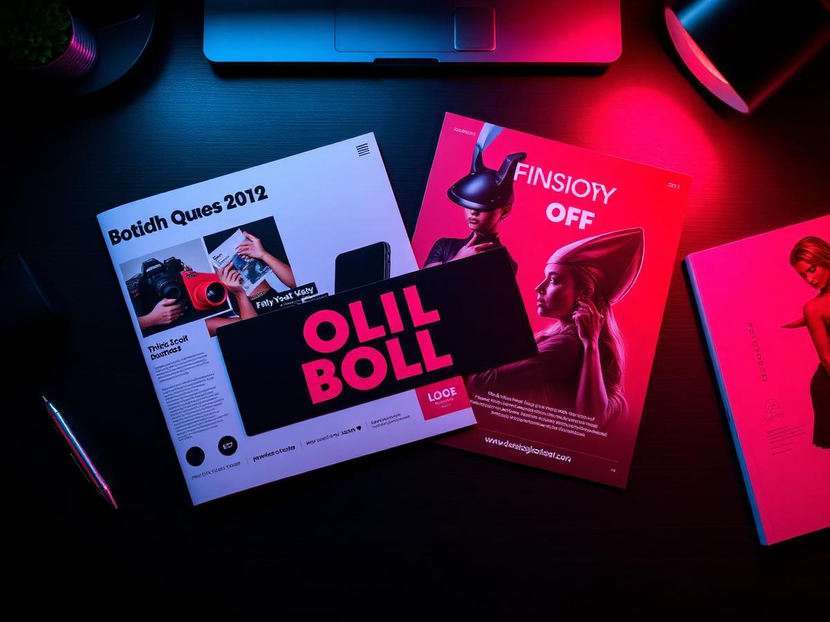 Peças gráficas finalizadas — post, banner e thumbnail — sob luz magenta
