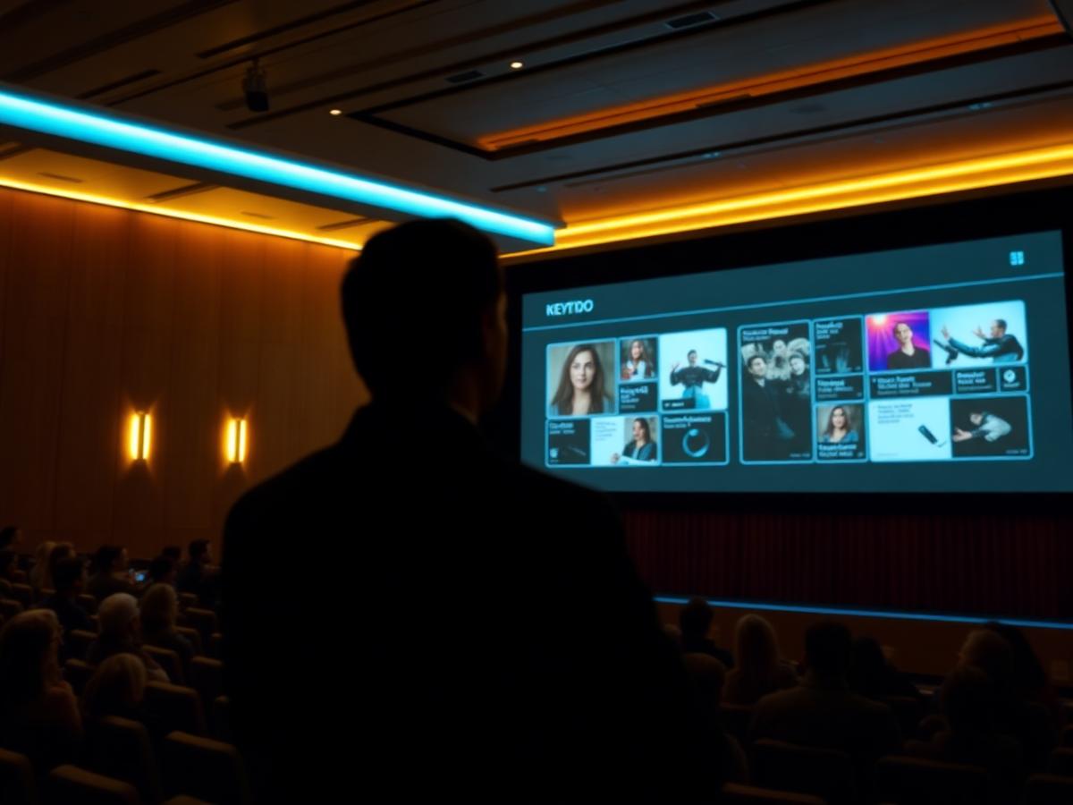 Apresentação em tela grande de auditório com slides organizados