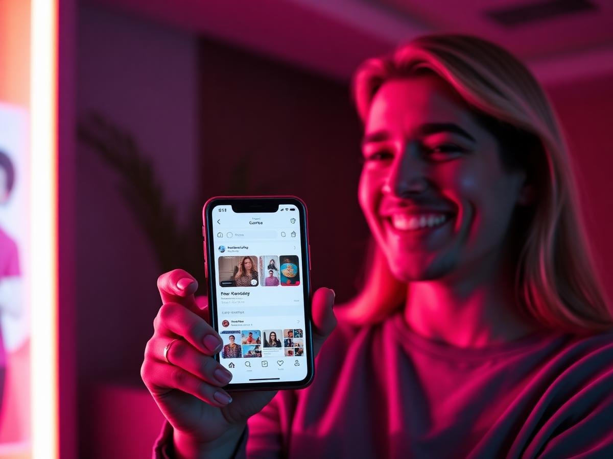 Criadora sorrindo mostrando celular com feed em crescimento sob luz coral