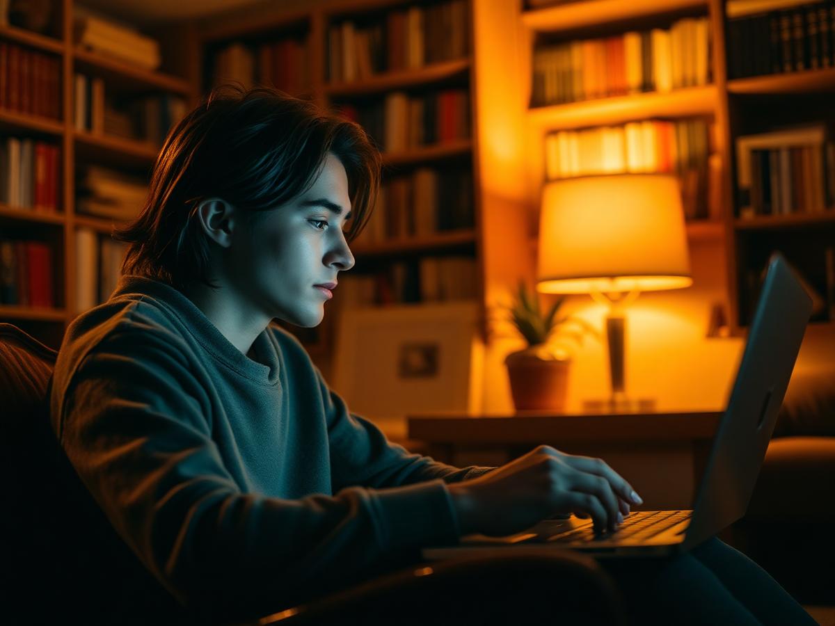 Estudante focado em aula online em biblioteca aconchegante com luz dourada