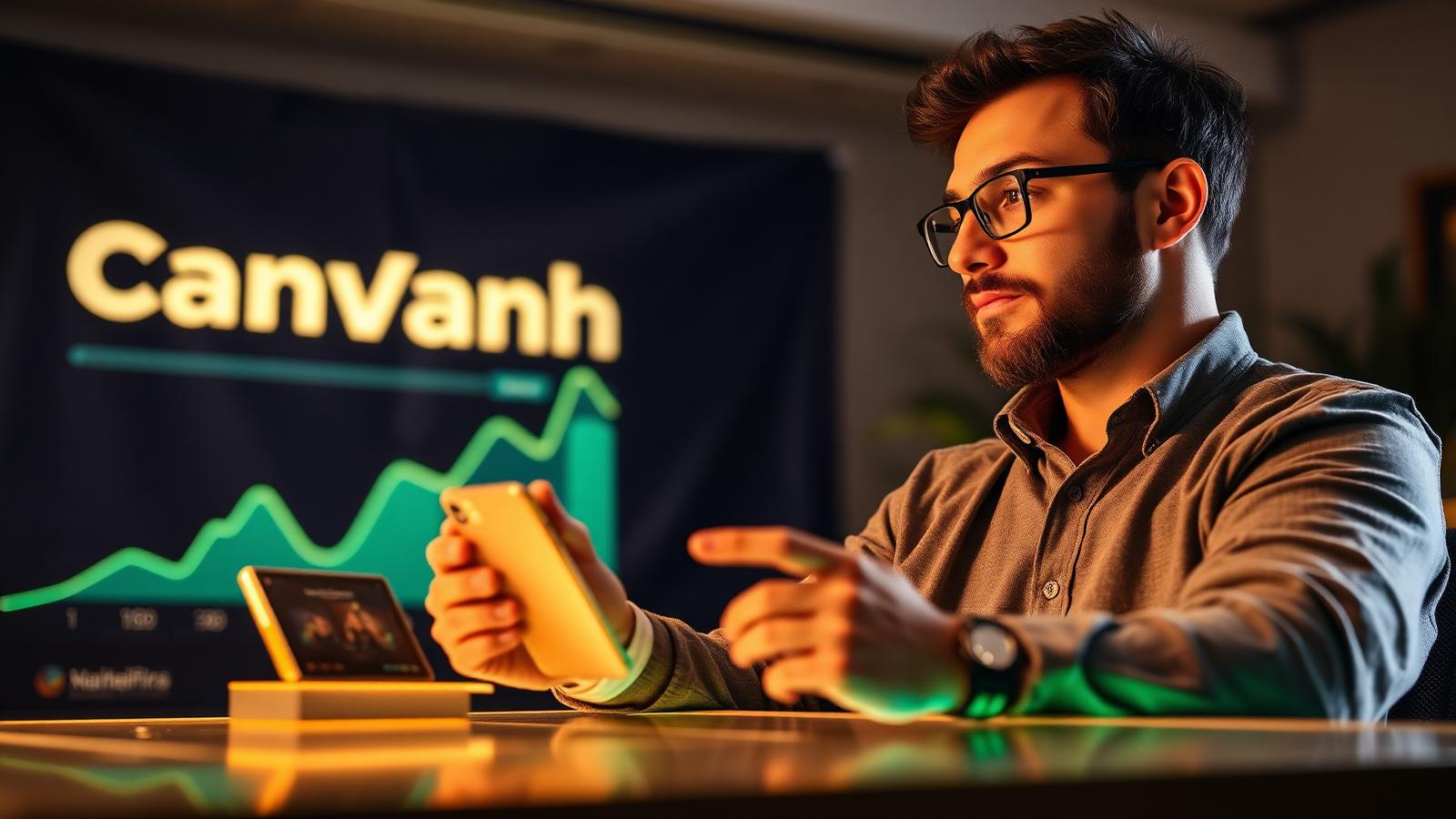 Empreendedor analisando campanha com curva de crescimento verde ao fundo