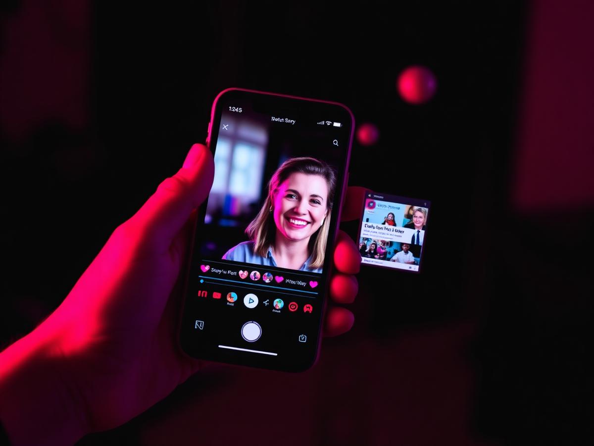 Mão segurando celular com Reel de criadora sorrindo e story ao lado