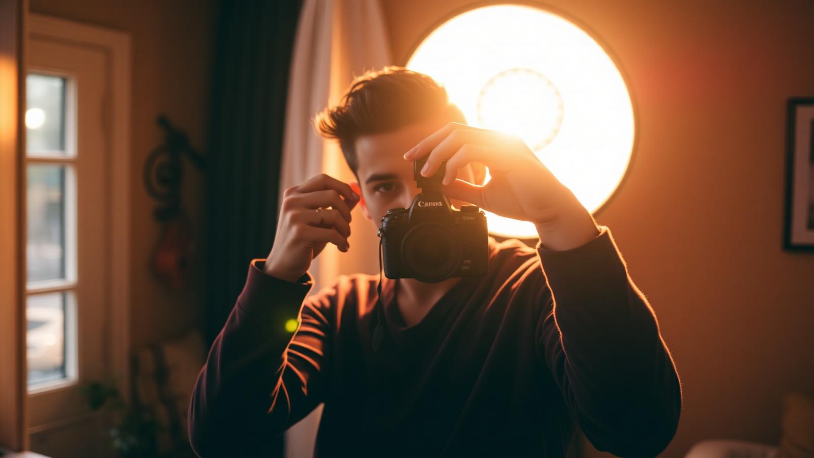 Criador em estúdio caseiro segurando câmera profissional sob luz âmbar