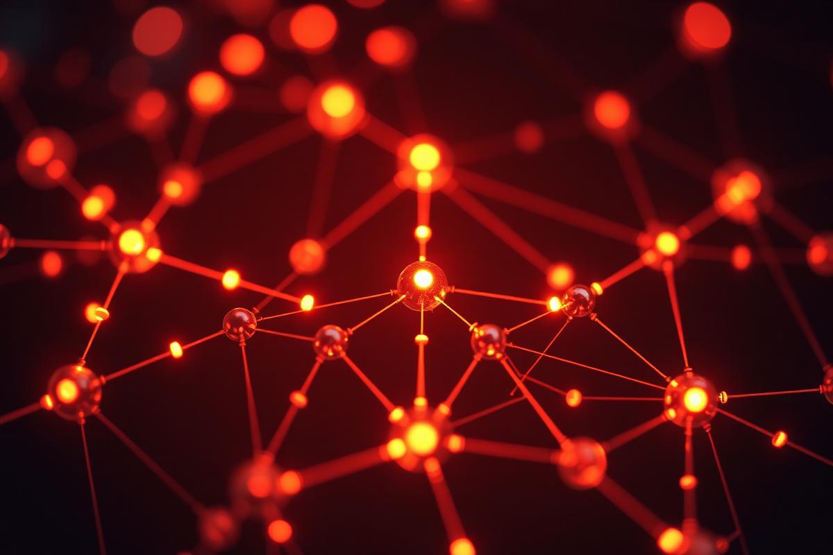 Rede luminosa de nós conectados em âmbar e rosa