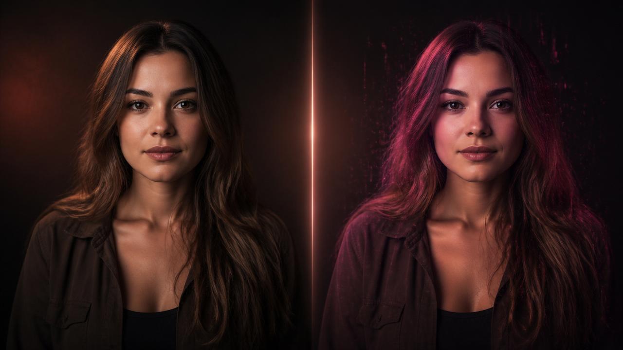 Pessoa real ao lado de seu clone digital fotorrealista com luz rosa e magenta