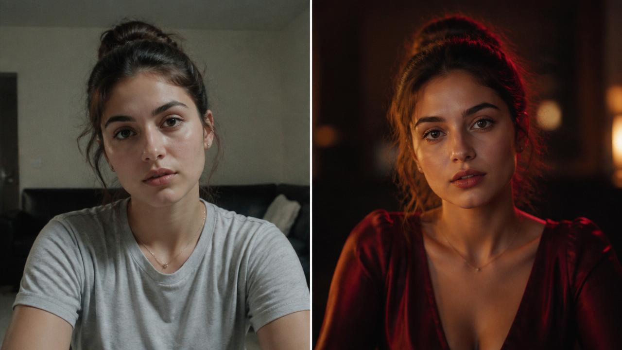 Antes e depois: a mesma criadora em vídeo caseiro à esquerda e em cena cinematográfica com luz âmbar à direita