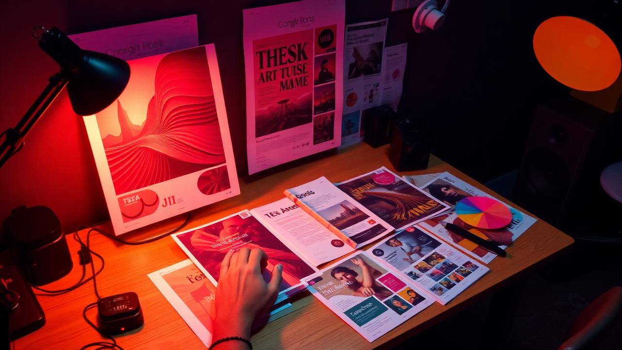 Designer criando artes coloridas em estúdio com luz magenta e coral