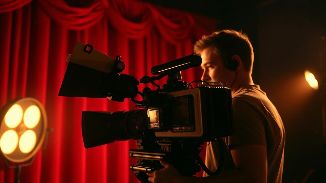 Cinegrafista atrás de câmera profissional com cortina vermelha e luz de cinema