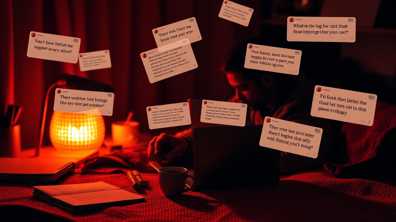 Criador escrevendo em estúdio caseiro com posts flutuando ao redor