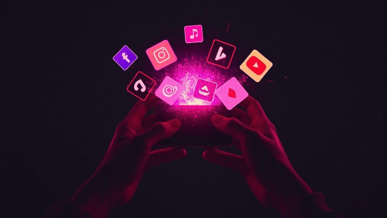 Mãos segurando celular publicando em várias redes sociais com trilha magenta