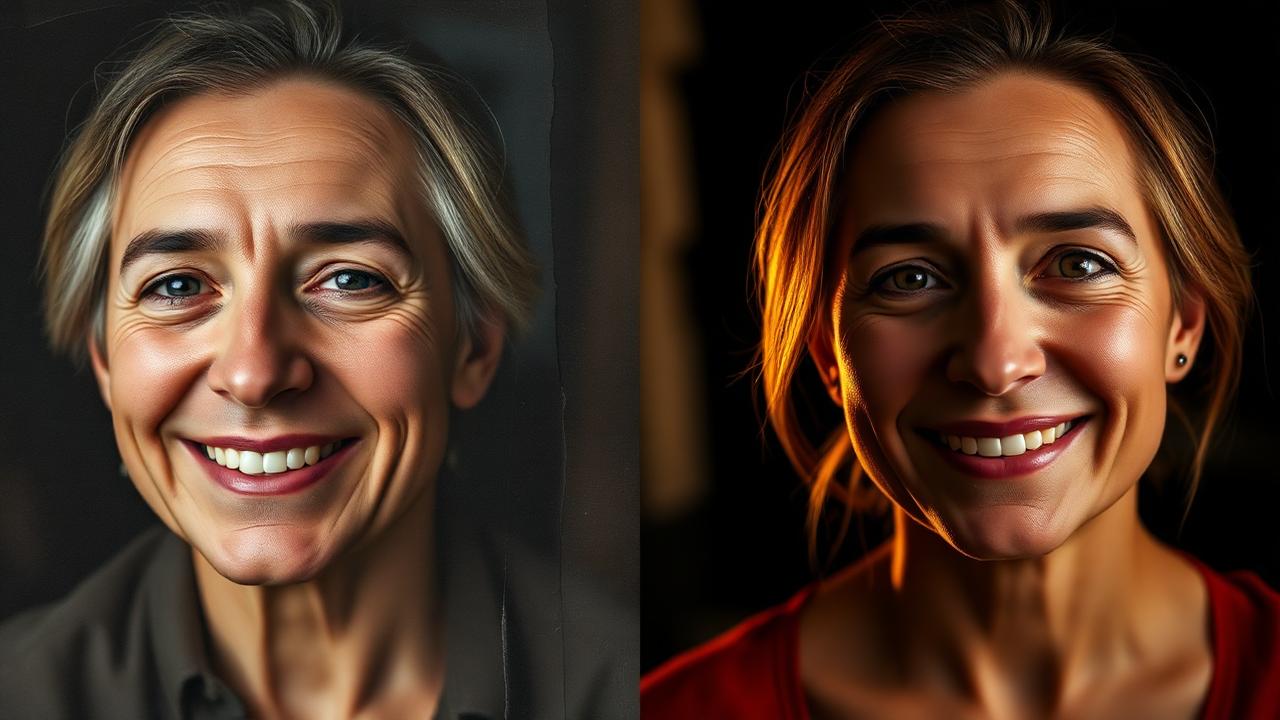Retrato antigo restaurado: à esquerda foto envelhecida, à direita mesma pessoa em qualidade cinematográfica