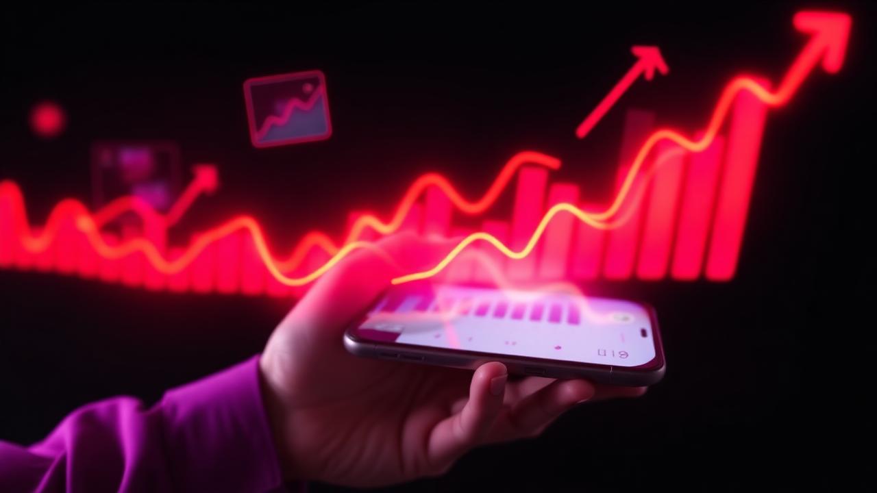 Mão segurando um celular com Reels e gráficos de crescimento em magenta