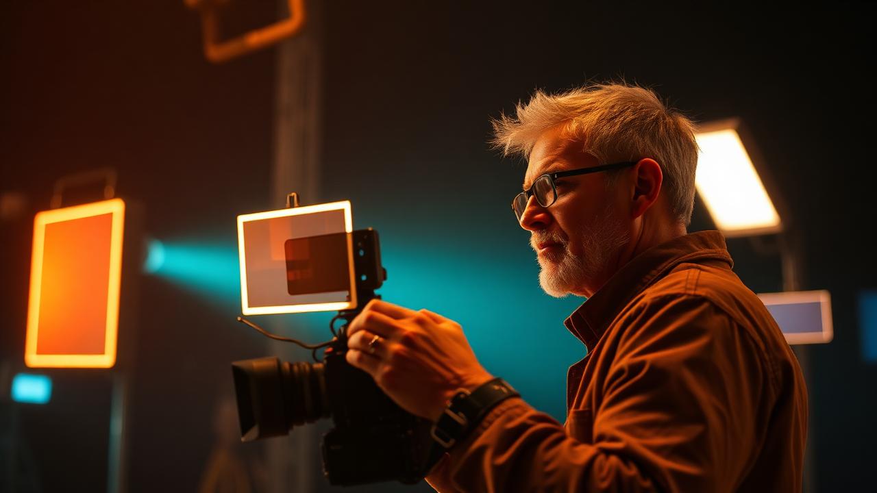 Diretor de cinema em set com luz coral e storyboards flutuantes