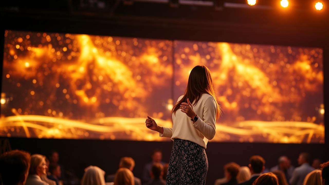 Palestrante em palco com apresentação cinematográfica dourada ao fundo