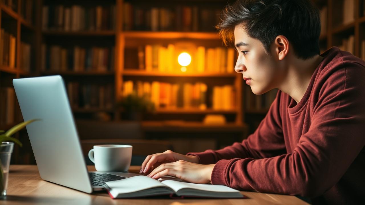 Estudante focado estudando em biblioteca aconchegante com luz dourada